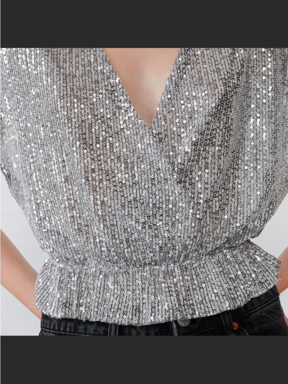 Viral Zara Silver Sequin V-Neck Peplum Top